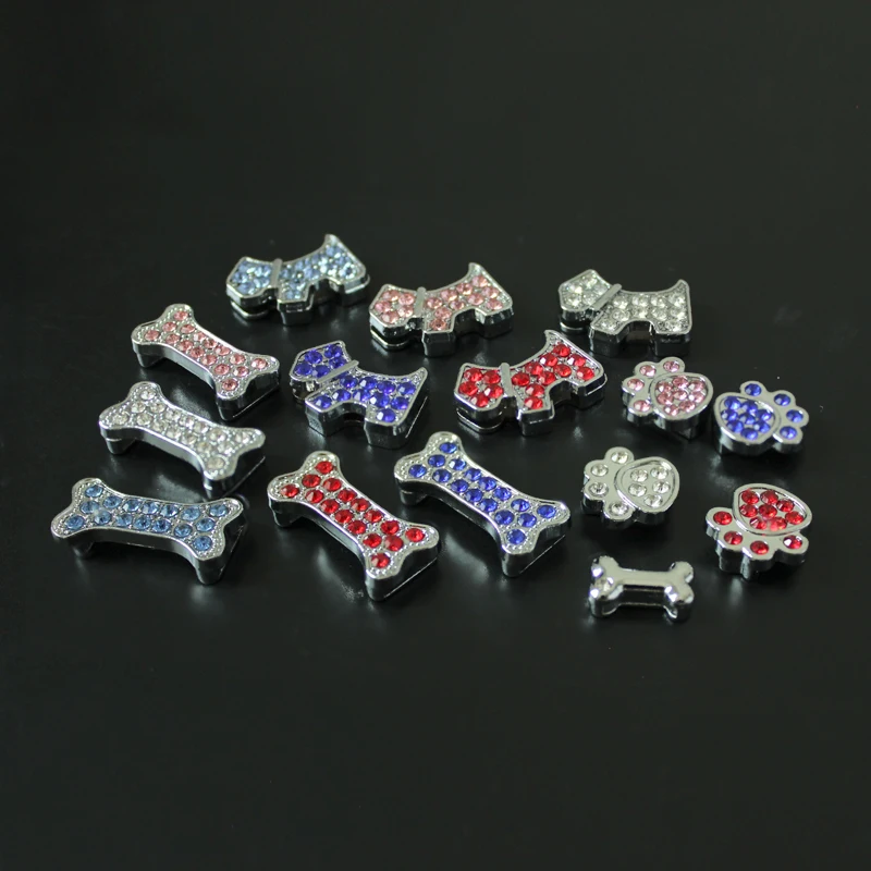 5PC/lot Hole 8mm Colorful Rhinestones Slide Charm Dog Bone Paw DIY Charms For 8MM Wristband Bracelet Pet Collar Jewelry Making