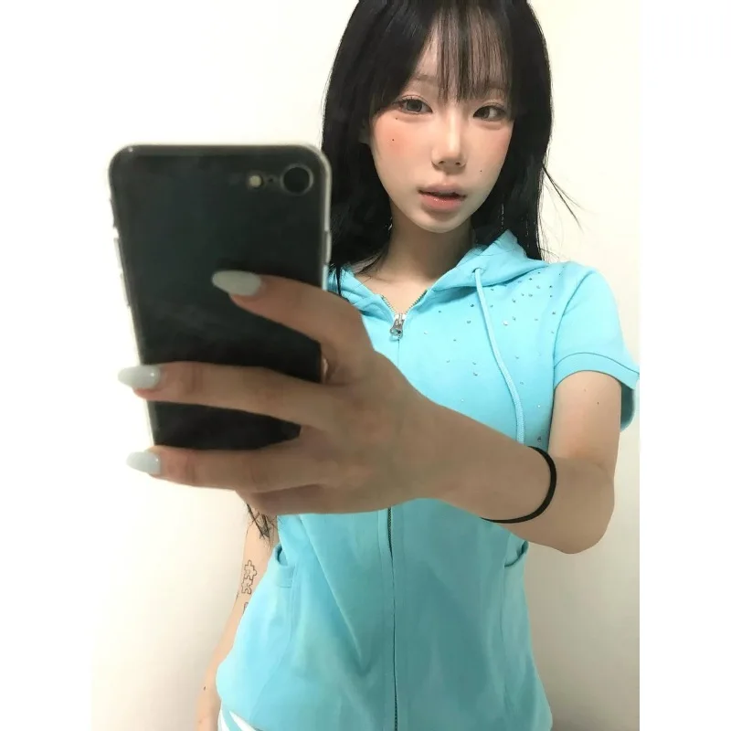 Y2k Women's Ancient Morning Top Blue Hot Diamond Hoodie Women's Summer New Ins Spicy Girl Slimming Short Zipper Coat