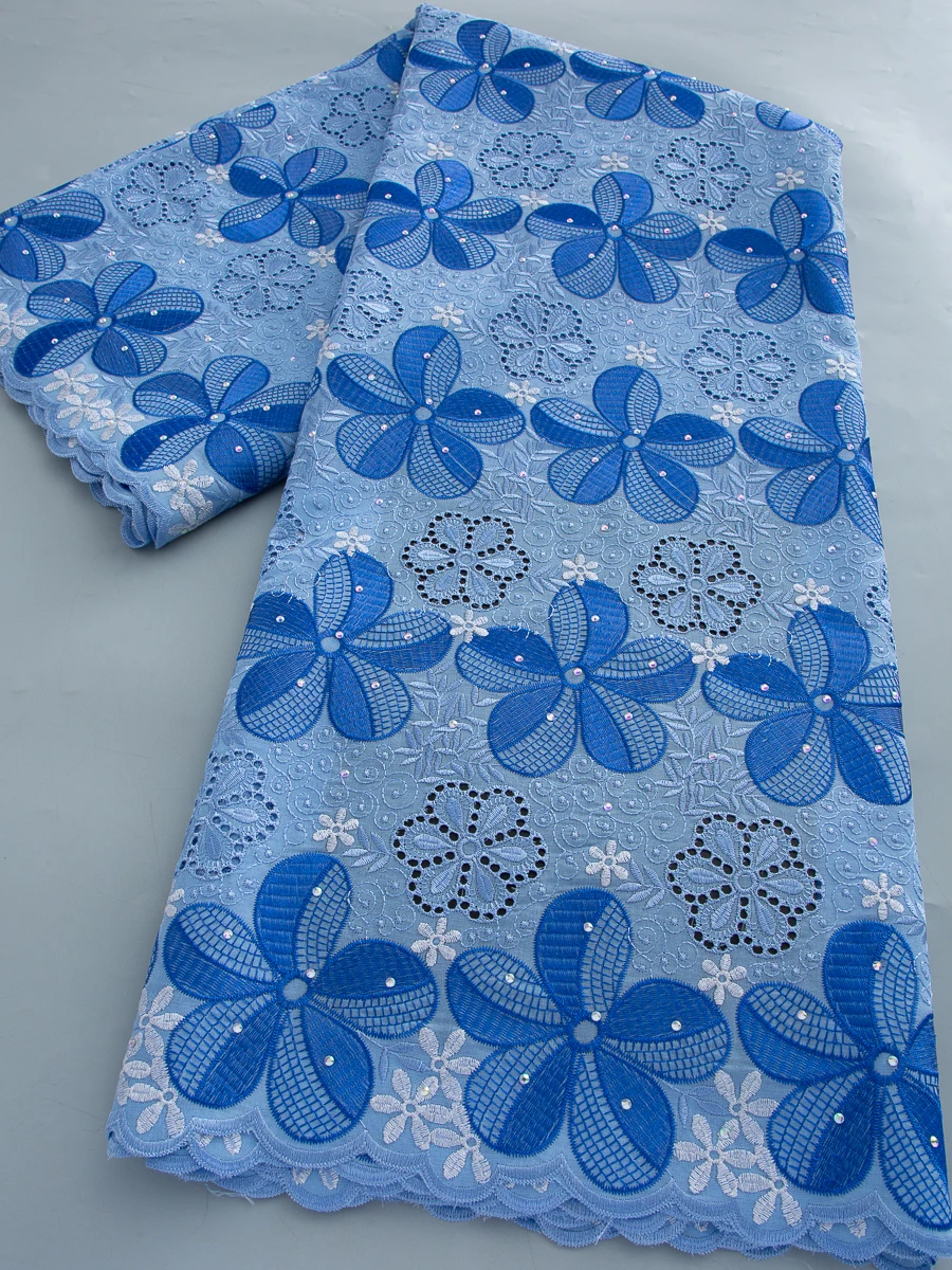 

Cotton African Lace Embroidered Fabric Latest Nigerian Swiss Voile Fabric Lace Stones Sew For Evening Party Dresses,5yards 4798