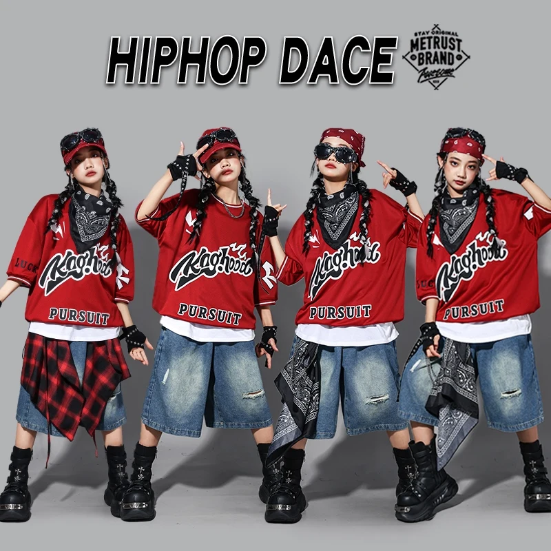 Hip Hop Kostüm Street Dance Outfit Kinder Leistung Bühnenkostüm Übergröße Rot Top Denim Shorts Mädchen Jazz Dancewear 2134