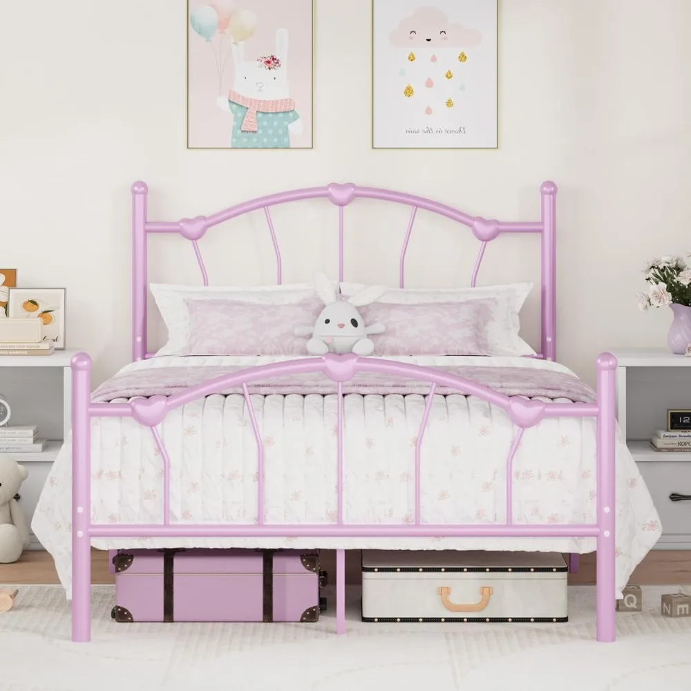 

Twin Size Bed Frame, Twin Bed Frames With Headboard, Heart-Shaped Decorative Headboard And Footboard, Heavy Duty Metal Slat Supp