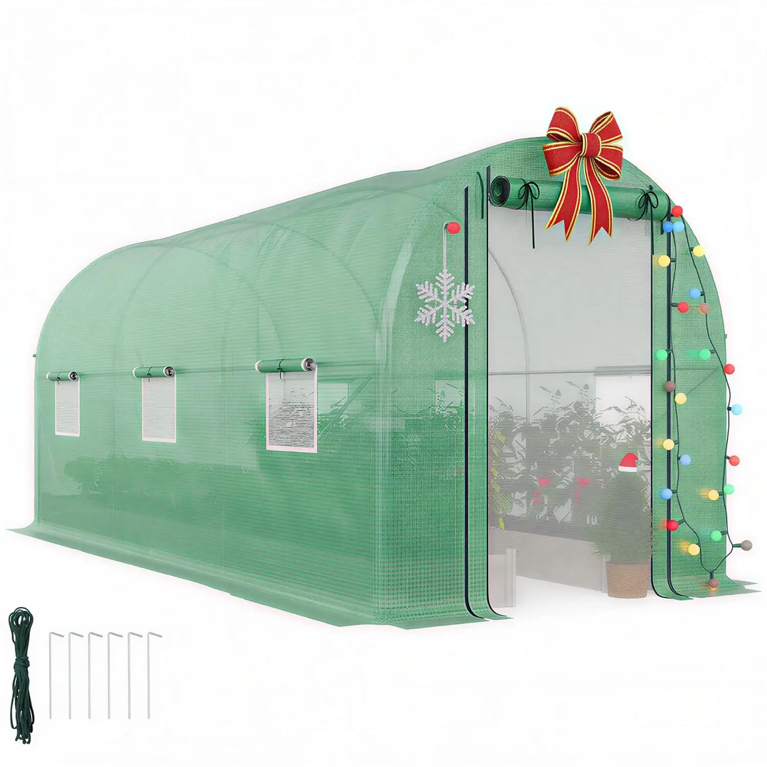 

14.6'x6.5'x6.6' Hoop House Greenhouse with 2 Support Rods, Zippered Roll-up Mesh Door, Mesh Windows, Walk-in Tunnel Greenhouse w