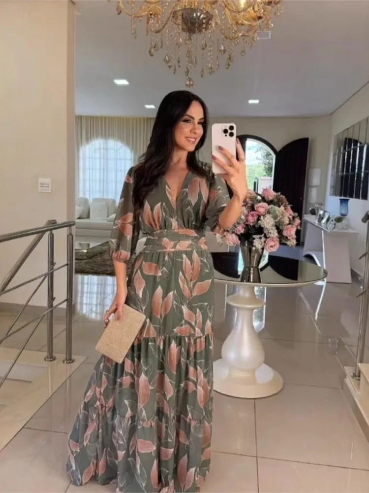 

New Women's Dress Fashion Print V-neck High Waist Lantern Sleeve Party Birthday Holiday Travel Long Dresss Vestidos Para Mujer