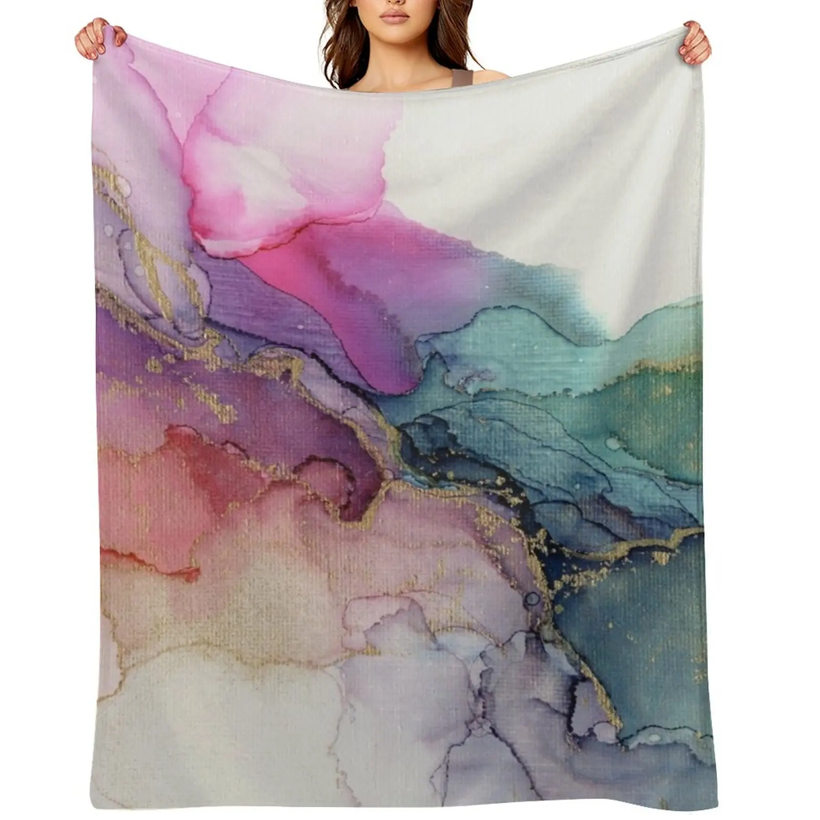 

Abstract Coral Turquoise Gold Ink Painting on Canvas Throw Blanket Bed covers Flannel Picnic Blankets