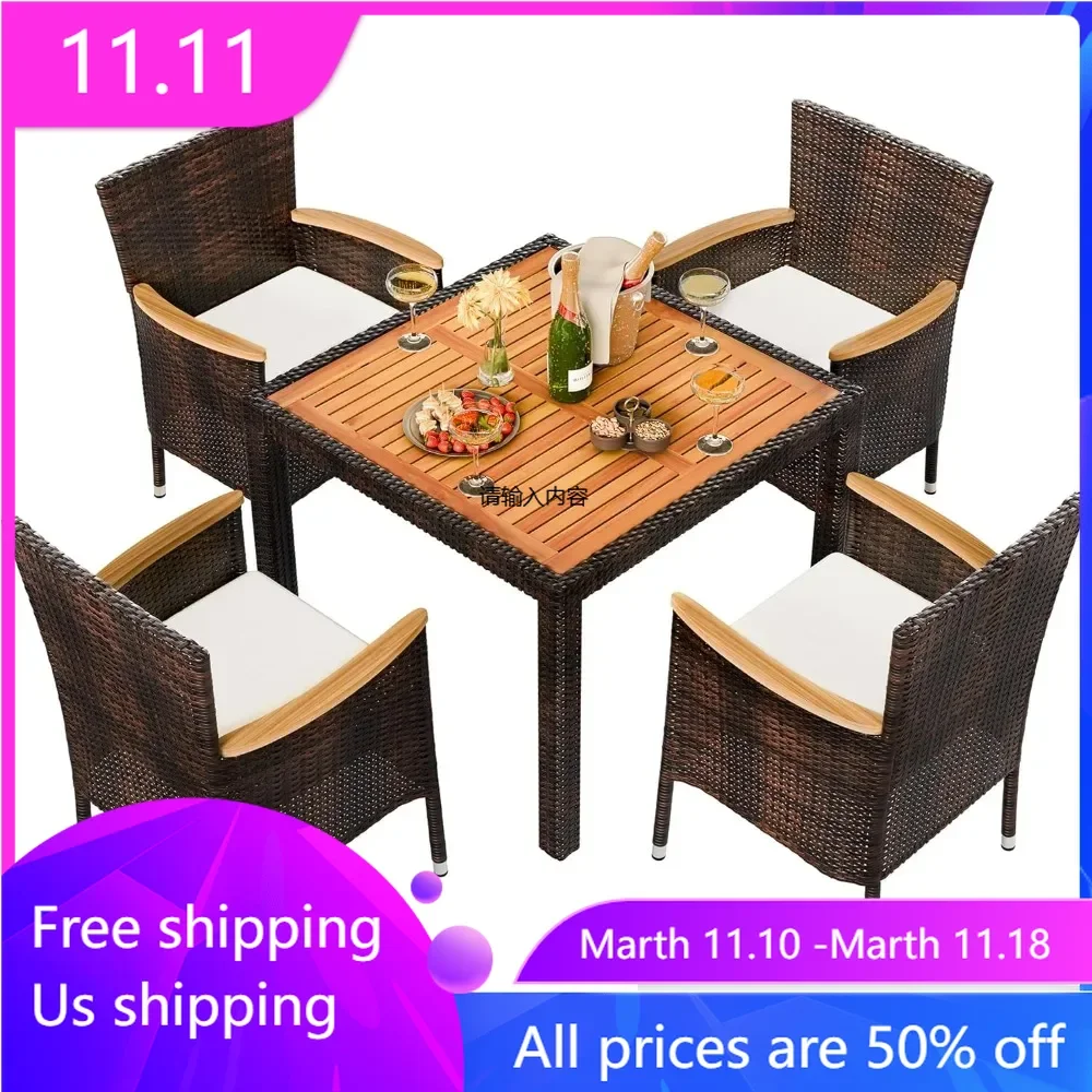 

5 Piece Patio Dining Set, Wicker Patio Conversation Set with Wood Table Top, Outdoor Table and Chairs with Soft Cushions