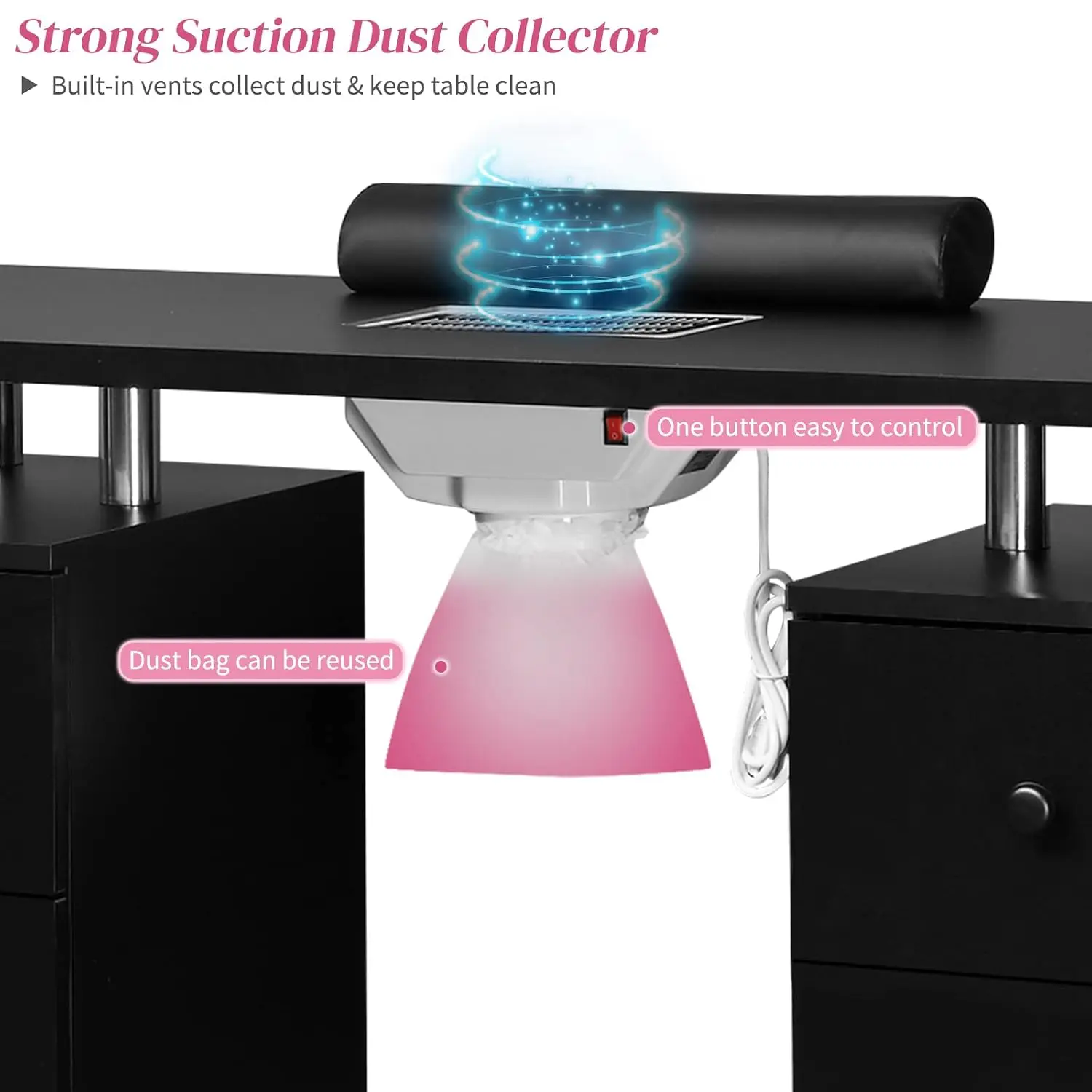 Manicure Table Nail Desk for Nail Tech, Nail Table Station w/Electric Dust Collector, Makeup Beauty Salon Storage Acetone