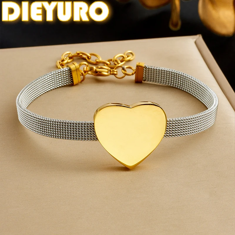 DIEYURO 316L Stainless Steel Golden Mirror Polished Heart Bracelet Women Blank To Record Metal Heart Charm Hand Chain Jewelry
