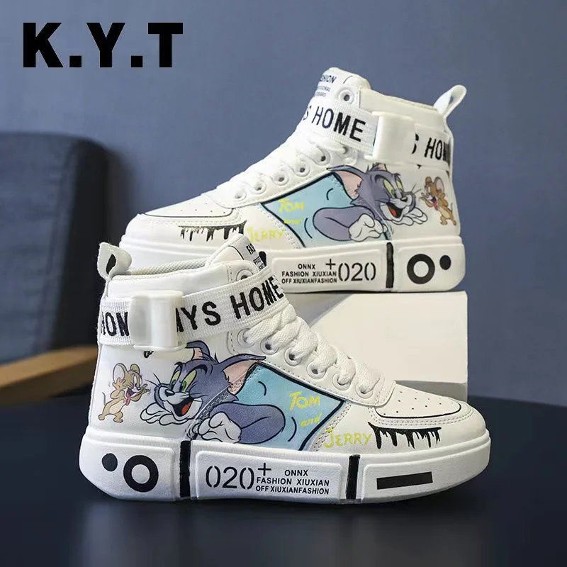 real pictures Tom and Jerry cat and mouse 2024 New plus size Branded high tops sprots Canvas Shoes women children\'s Casual Shoes