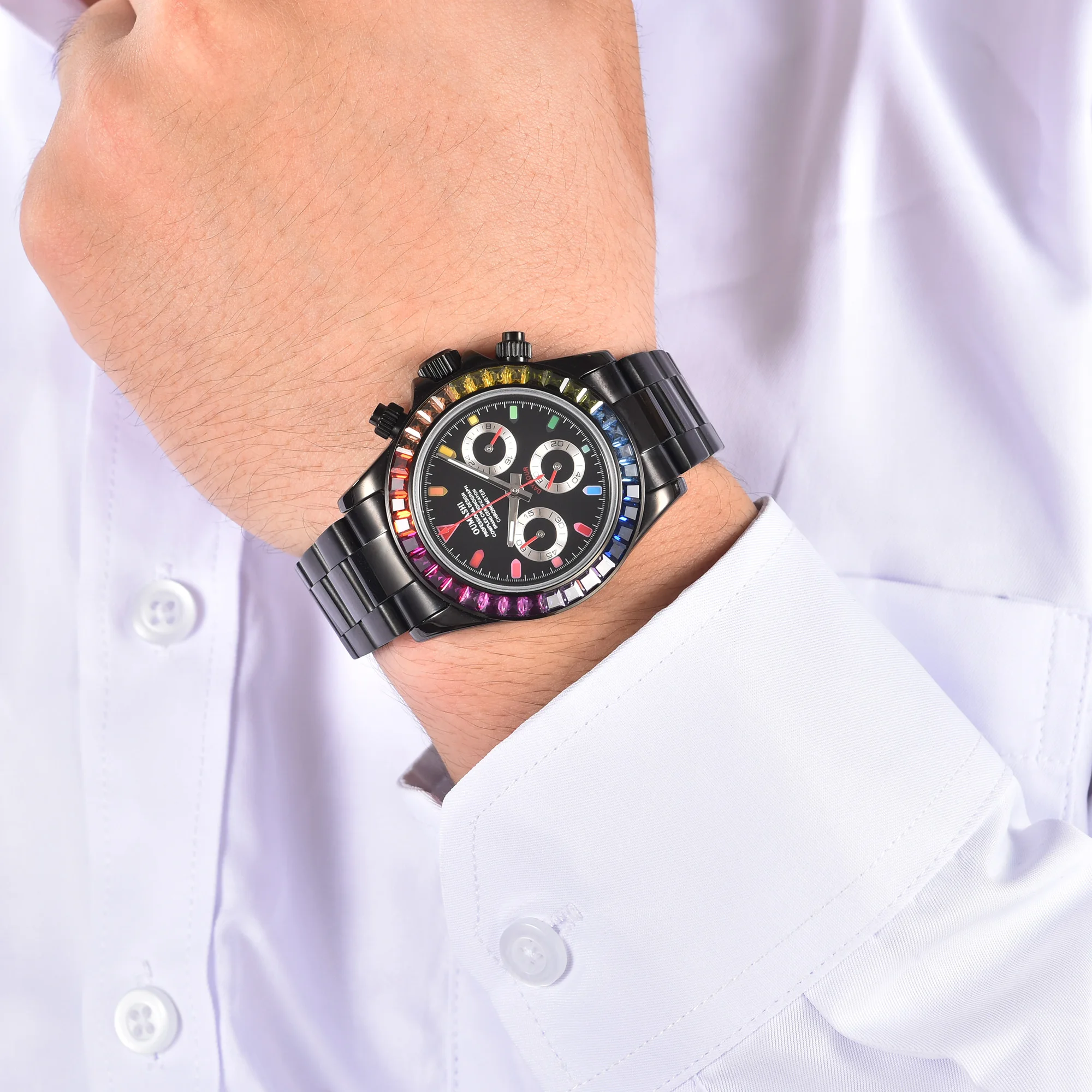 นาฬิกาผู้ชายสแตนเลสนาฬิกาโครโนกราฟลำลองสำหรับผู้ชายกระจกแซฟไฟร์สีหินฝาหน้าควอตซ์นาฬิกา VK63