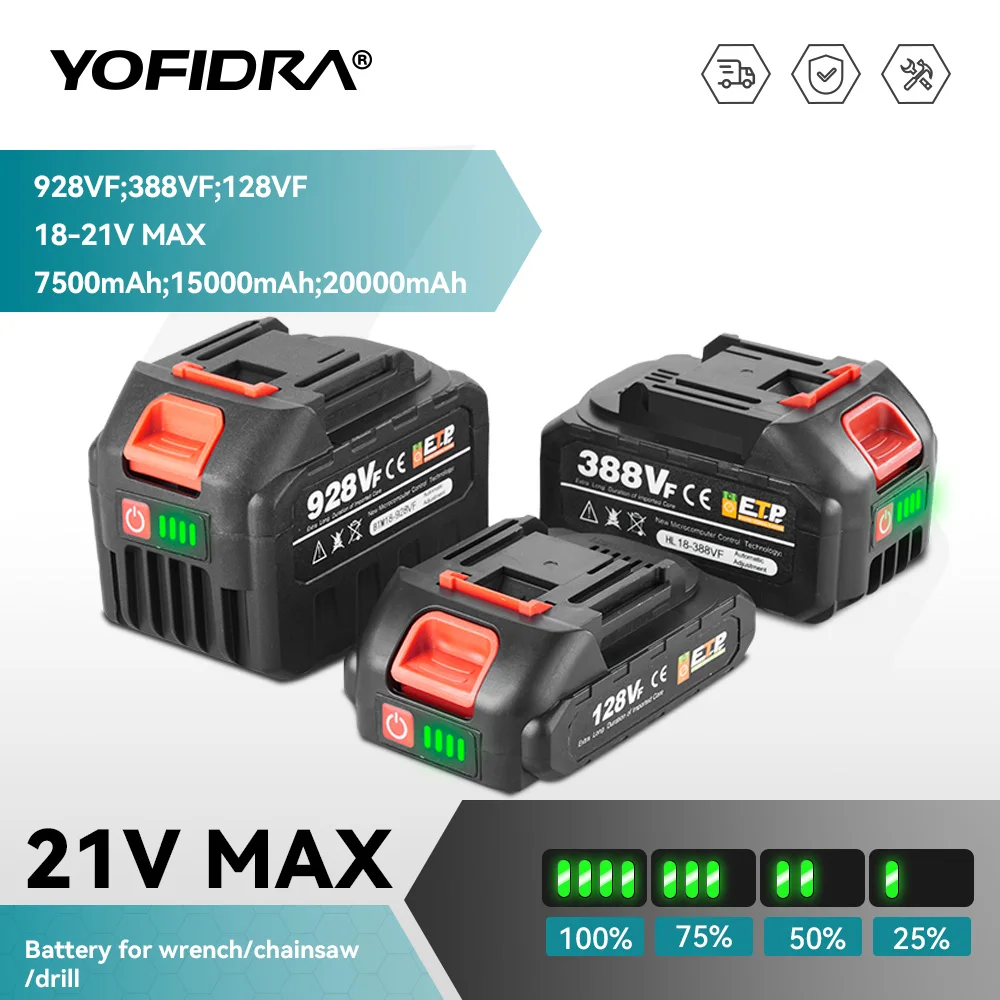 YOFIDRA 18-21V Wiederaufladbare Lithium-Batterie für Bürstenlose Kettensäge Bohrmaschine Elektrischer Schraubenschlüssel für Makita 21V 18V Akku