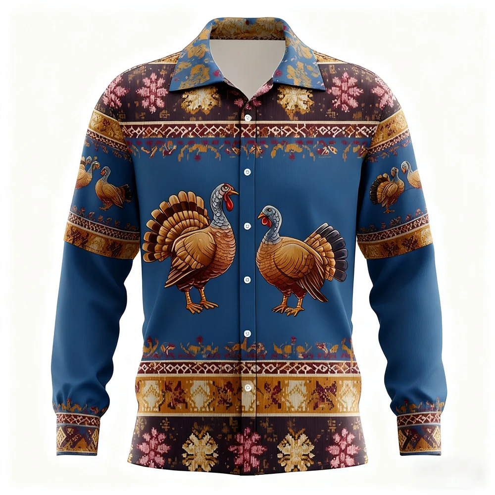 Men's Women's Bird Pattern Long Sleeve Shirts Fashion Cool Vintage Style Button Lapel Shirt Loose Comfortable Christmas Clothing
