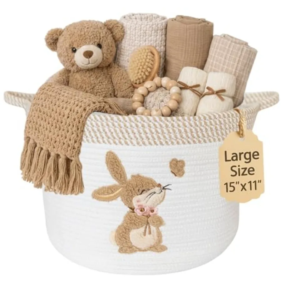 

Bunny Storage Basket for Nursery Large 15"x11" Cotton Rope Bin with Soft Embroidered Bunny Patch Toy Organizer Baby Laundry Ham