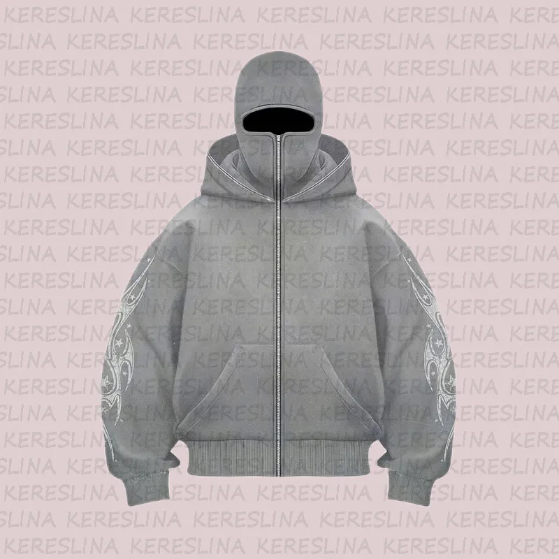 Balaclava Hoodies Fashion Integrated Double Layer Warm Windbreak Zip Up Hoodie Y2k Vintage Hip Hop Ninja Sweatshirt Streetwear