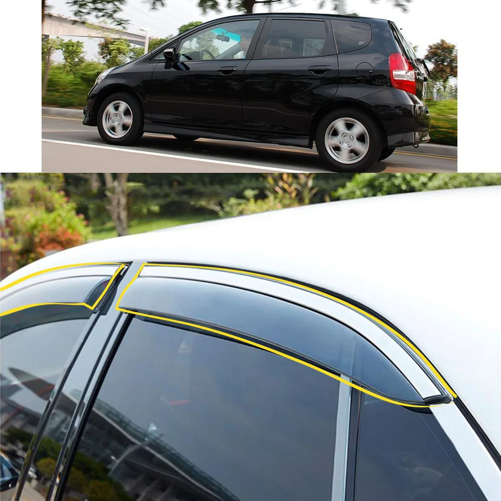 Car Sticker Plastic Window Glass Wind Visor Rain/Sun Guard Vent Parts For Honda Fit Jazz Hatchback 2002 2003-2004 2005 2006 2007