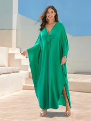 Causal Handmade-knit V Neck Plus Size Green Kaftan House Dress 2024 Women Summer Beach Wear Swim Suit Cover Up Loose Robe Q1590