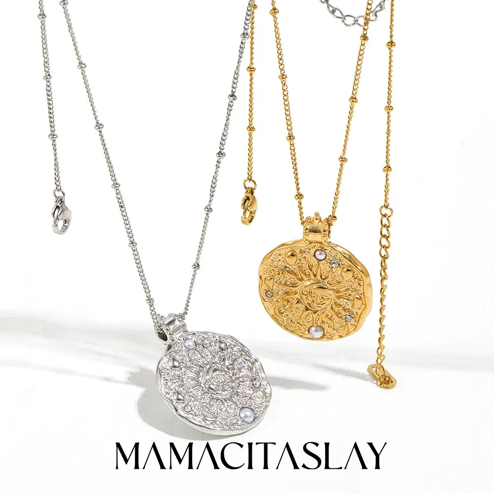 MamacitaSlay 316L Stainless Steel Sun Moon Pendant Necklace 18K Gold Plated Waterproof Neck Jewelry Women's Elegant Necklace view 2