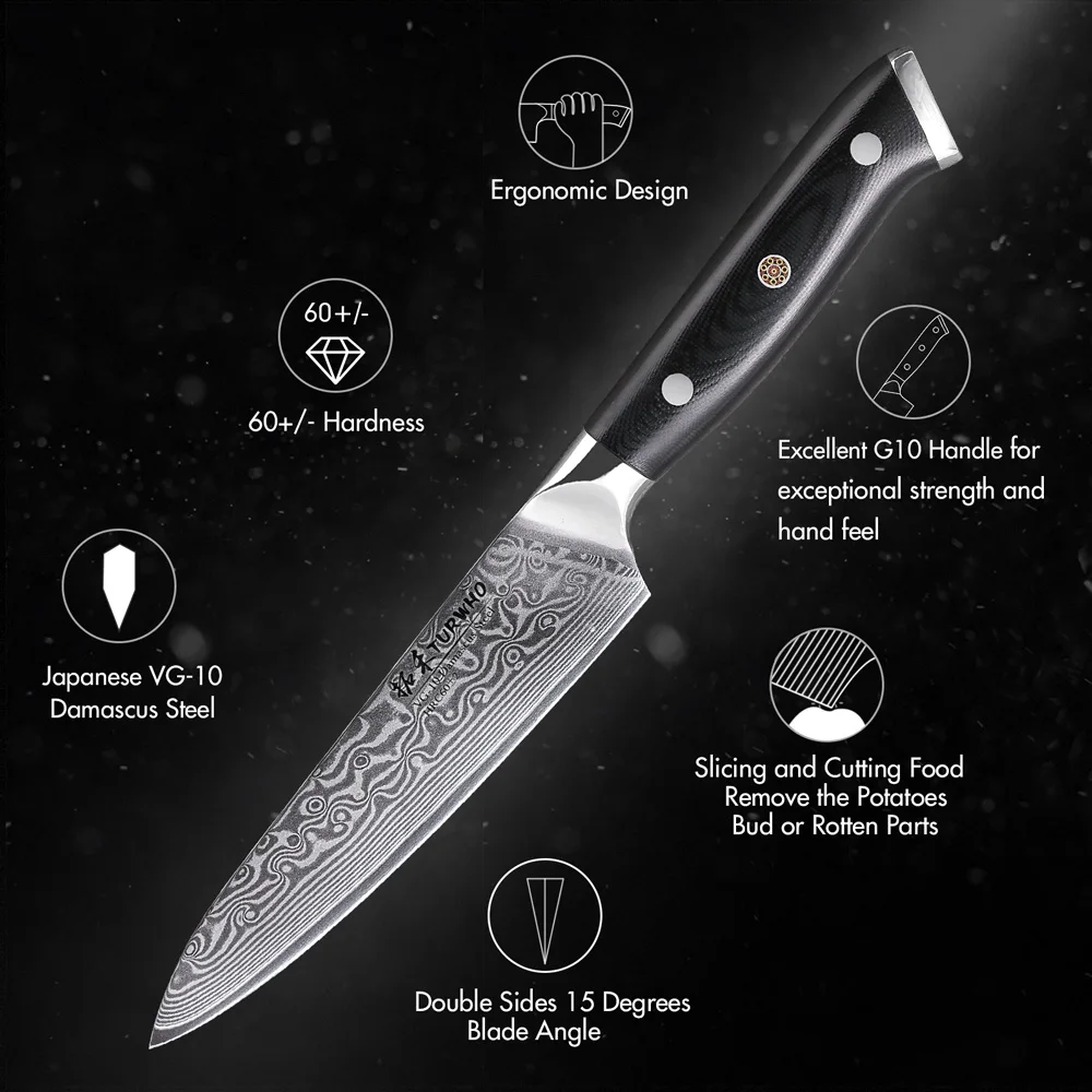 TURWHO 5 Inch Utility Knife 67 Layer Damascus Steel Chef Peeling Fruit Knife Vegetable Knife Kitchen Tool G10 Black Handle