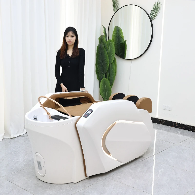 كرسي شامبو مصفف الشعر مريح لتدليك التجميل والبساطة كرسي شامبو منزلي من جلد البولي يوريثان شامبو وإضاءة MHXFY