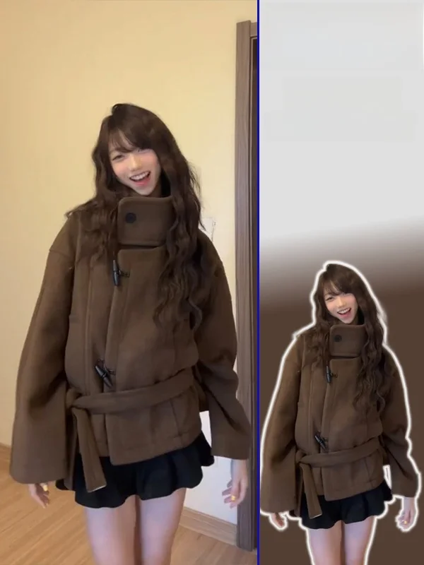 

Новое демисезонное шерстяное пальто больших размеров в корейском стиле, кофейного цвета, с поясом, женское, стройнящее, короткое, верхняя одежда