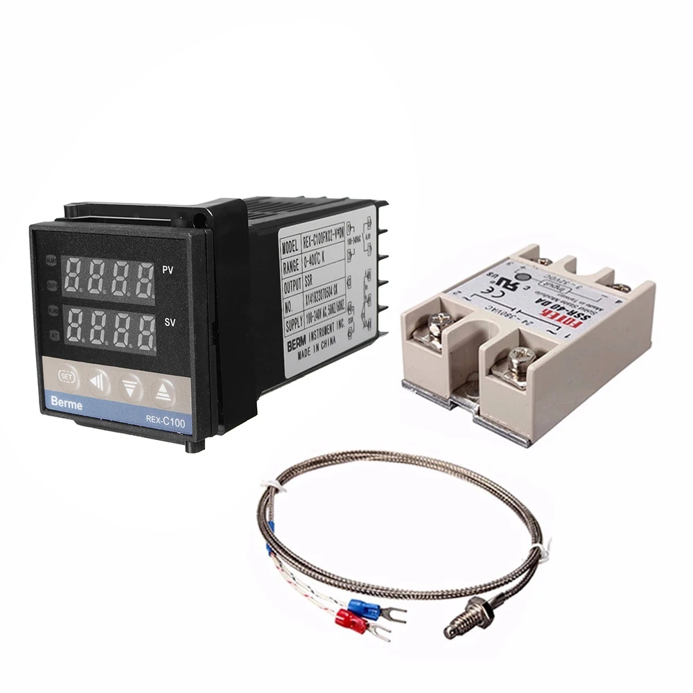 Temperature Controller Digital LCD PID REX-C100 Temperature Controller Set + K Thermocouple + Max.40A SSR