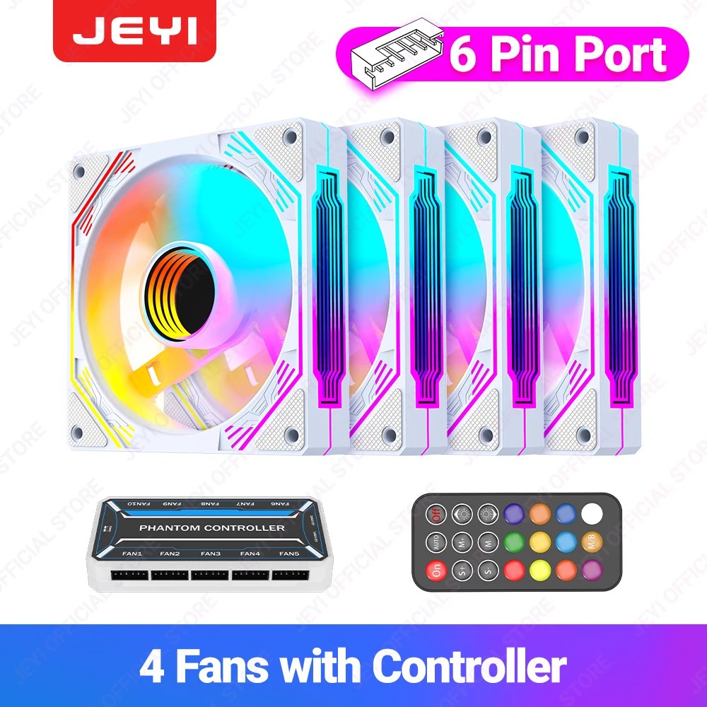 JEYI RGB Chassis PC-ventilator 12CM ARGB Cyclisch Spiegellichteffect Koelventilator 6-pins PC-ventilator Koeler Stille Radiator met ARGB-controller