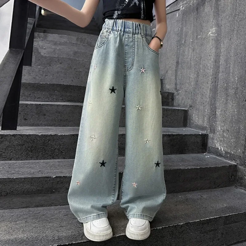 

Girls Loose Wide-leg Jeans Trousers Children Fashion Star Embroidery Straight Denim Pants Spring Autumn Clothing 5-12 Years