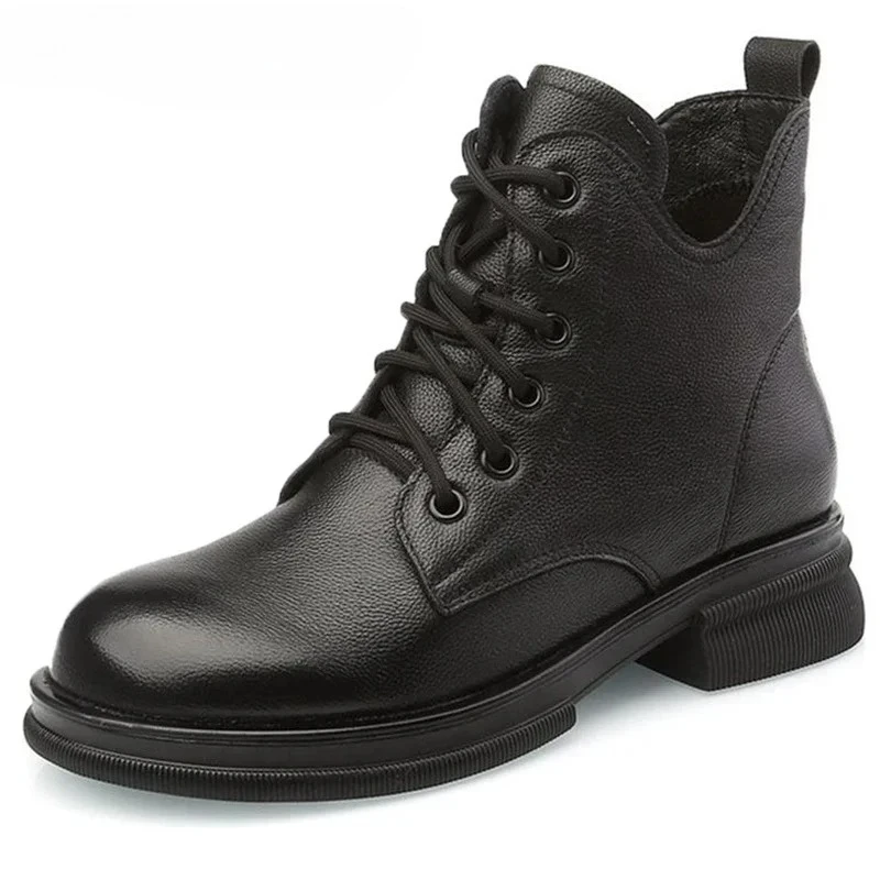 2025 بوط من الجلد الطبيعي للنساء أحذية الخريف الشتاء سميكة وحيد جلد البقر النساء حذاء من الجلد ماركة أحذية نسائية