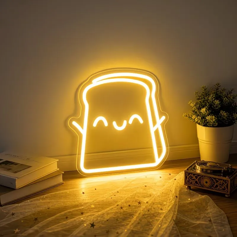 Smiley Toast Bread Neon Lamp LED Wall Hanging Light Bakery Coffee Shop Window Decor Restaurant Business Sign Atmosphere Light