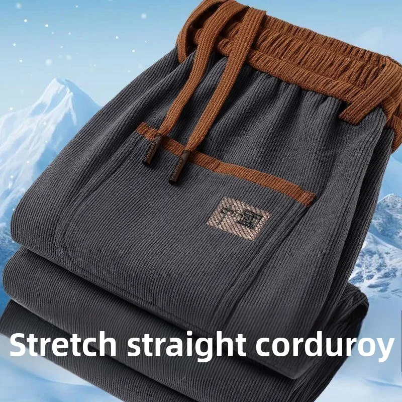 

Thiened Fce Men's Straight Leg Pants Embroidered Warm Corduroy Sports Stitching Autumn Winter Loose Cuffed Sweatpants