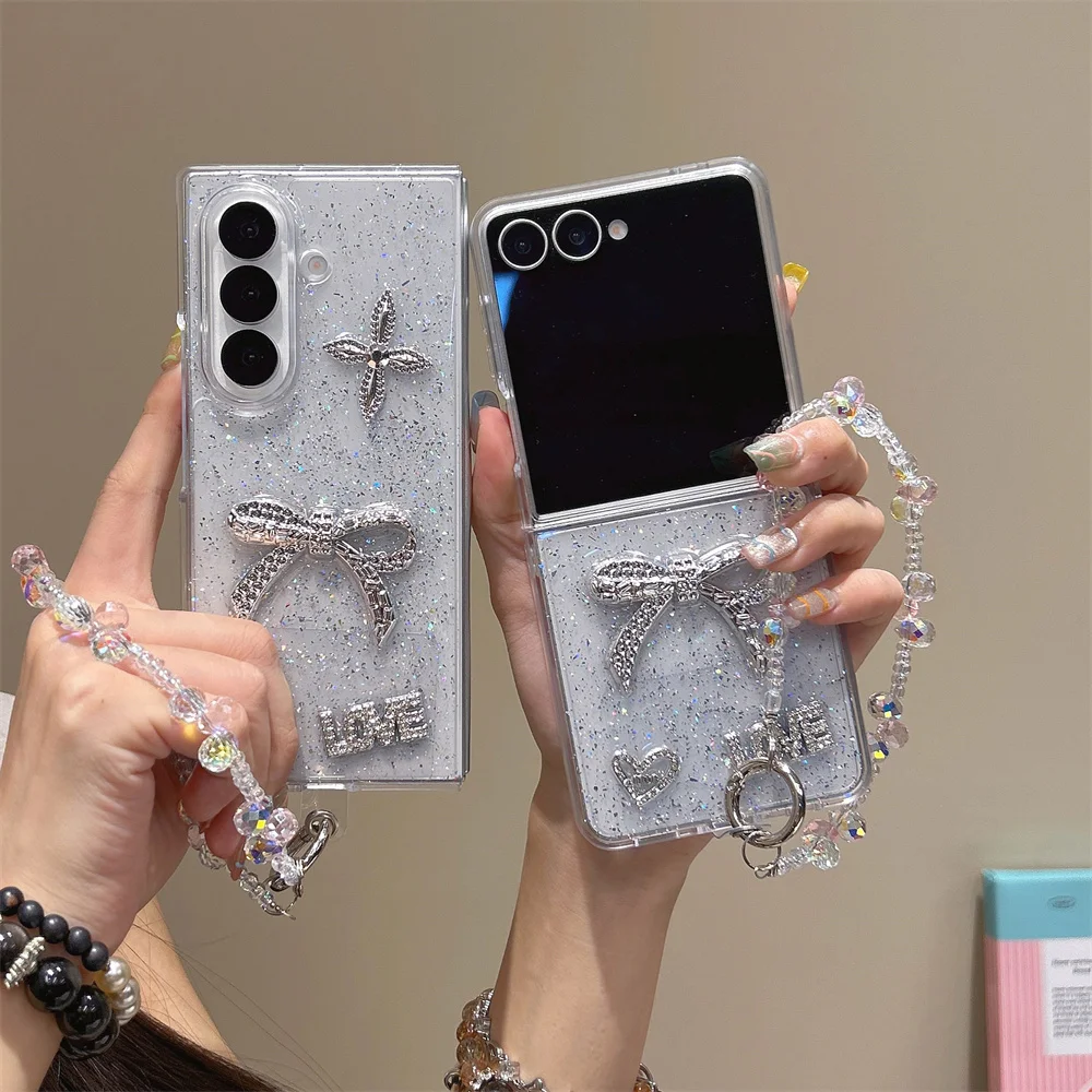 Minimal Glam Sparkly 3D Rhinestone Bow Love Heart Glitter Phone Case for Samsung Galaxy Z Fold 7 Bead Strap Cover for Z Flip 7-3