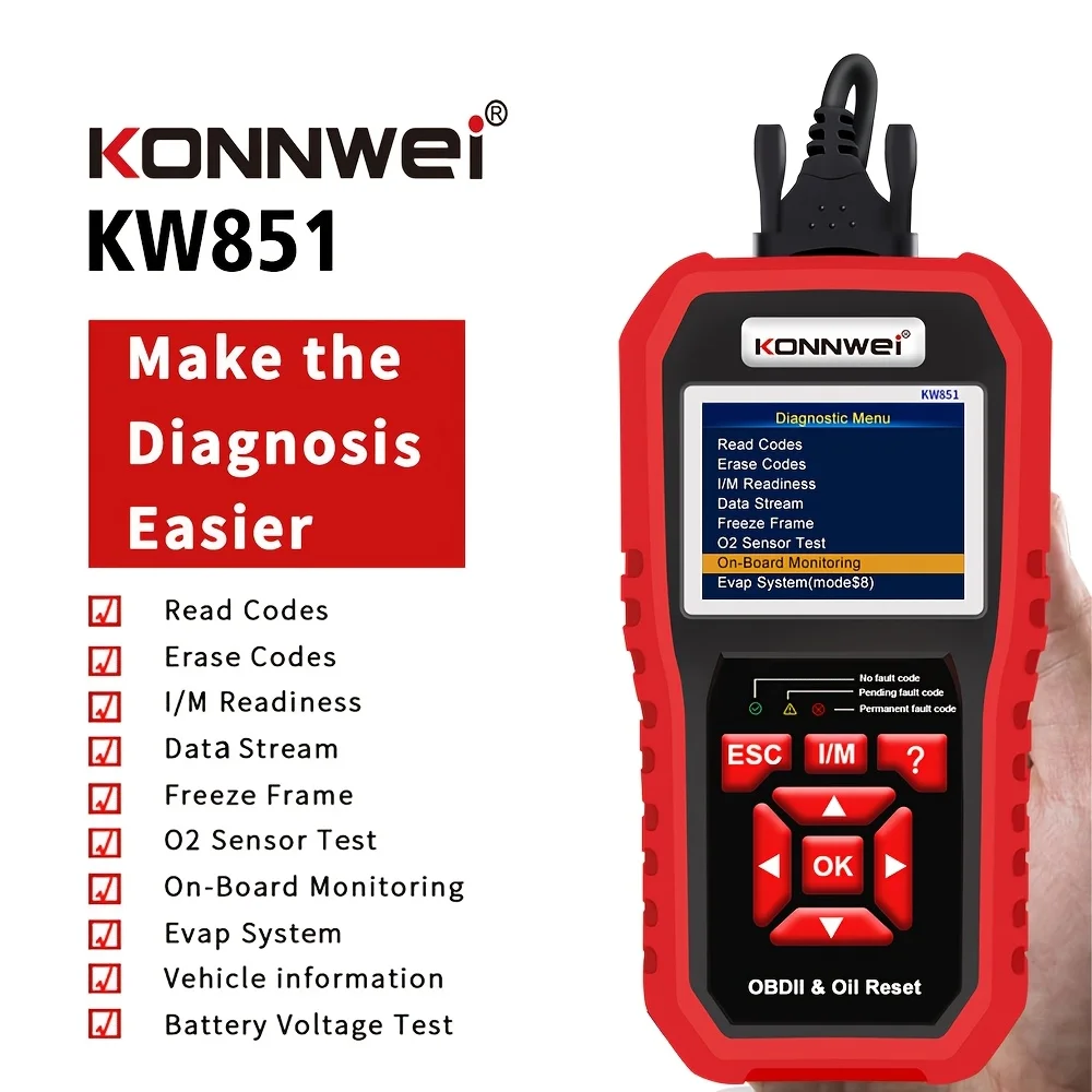 KONNWEI KW851 OBD2 Scanner Diagnostic Tool, Check Engine Code Reader, Oil Reset, Battery Test, DTC Lookup