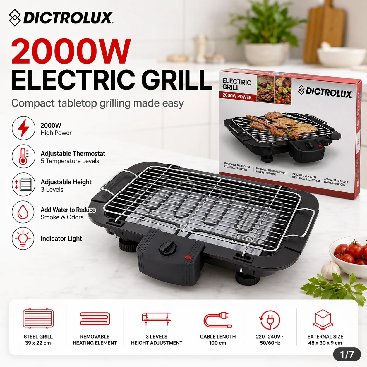 Grill électrique de table DICTROLUX 2000W, thermostat à 5 niveaux, grill en acier à 3 hauteurs avec élément chauffant amovible