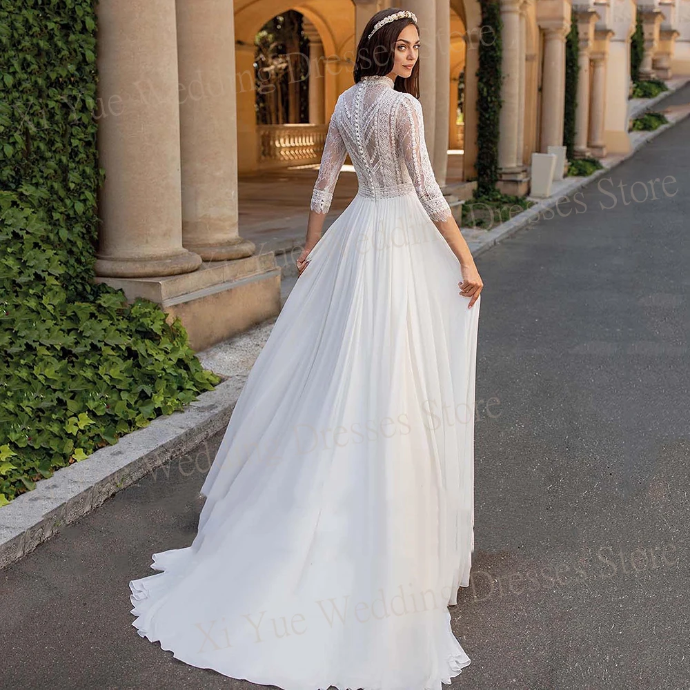 Boho einfach anmutig eine Linie Frauen Brautkleider bescheidene High Neck Spitze Brautkleider elegante Knopf Chiffon فساتين حفلات الزفاف