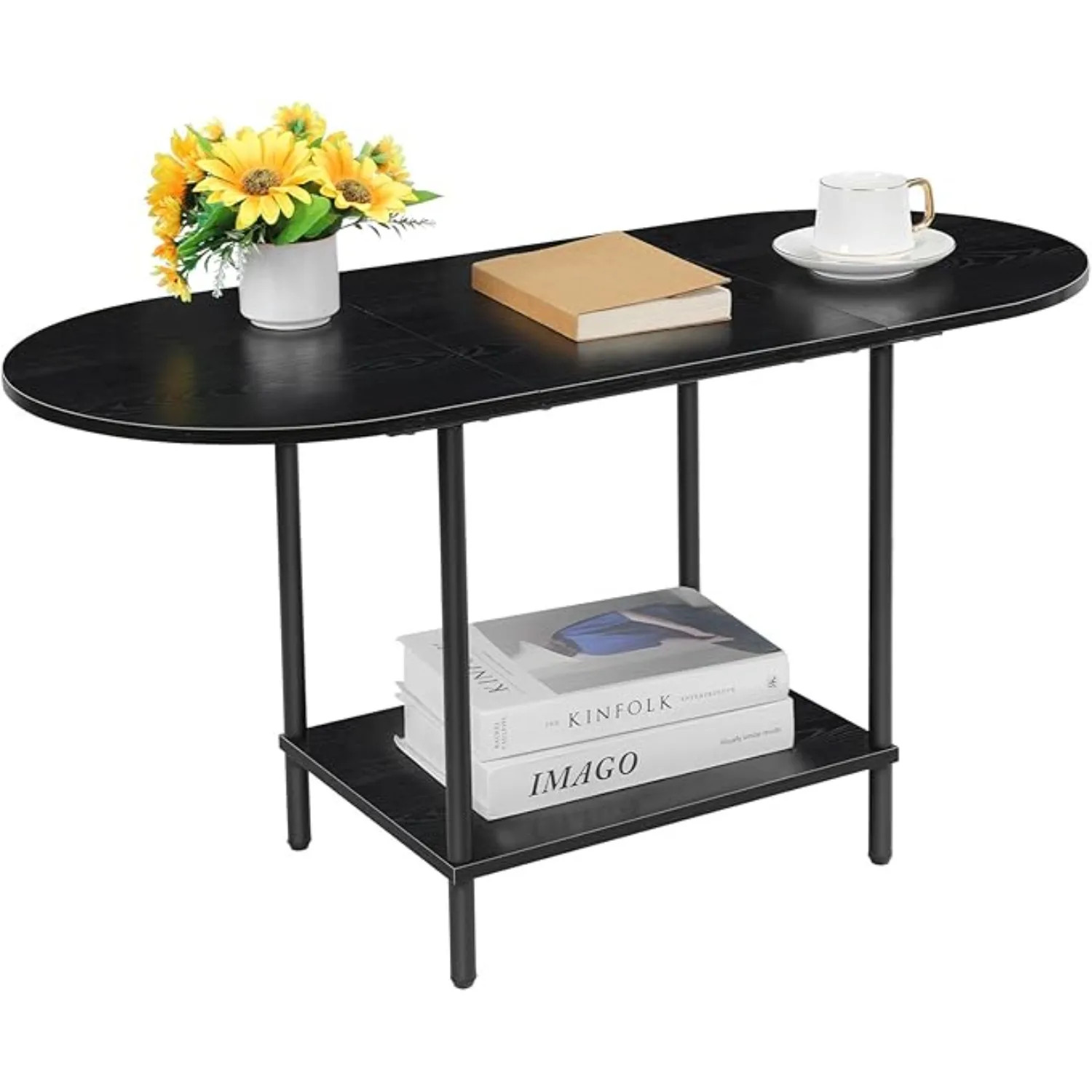 

Овальный журнальный столик черный/коричневый с отделением для хранения/открытой полкой, компактный для небольших помещений и использования в нескольких помещениях (гостиная/офис)