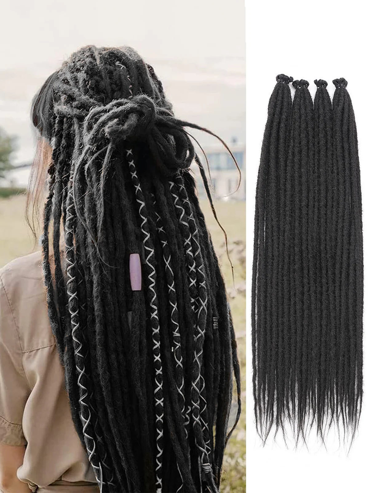 24" Straight Dreadlocks Clip-in Extensions | 10 Strands | Thin & Soft Synthetic Hair | Natural Look | Easy to Install