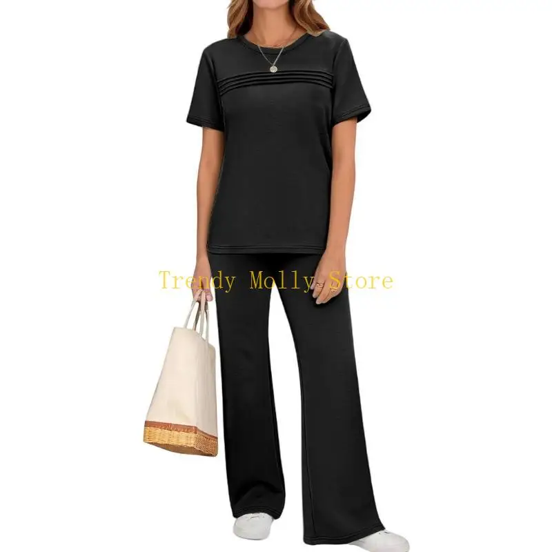 N5KB Traje piezas para mujer, trajes vacaciones viaje, conjuntos casuales manga corta, pantalones pierna con