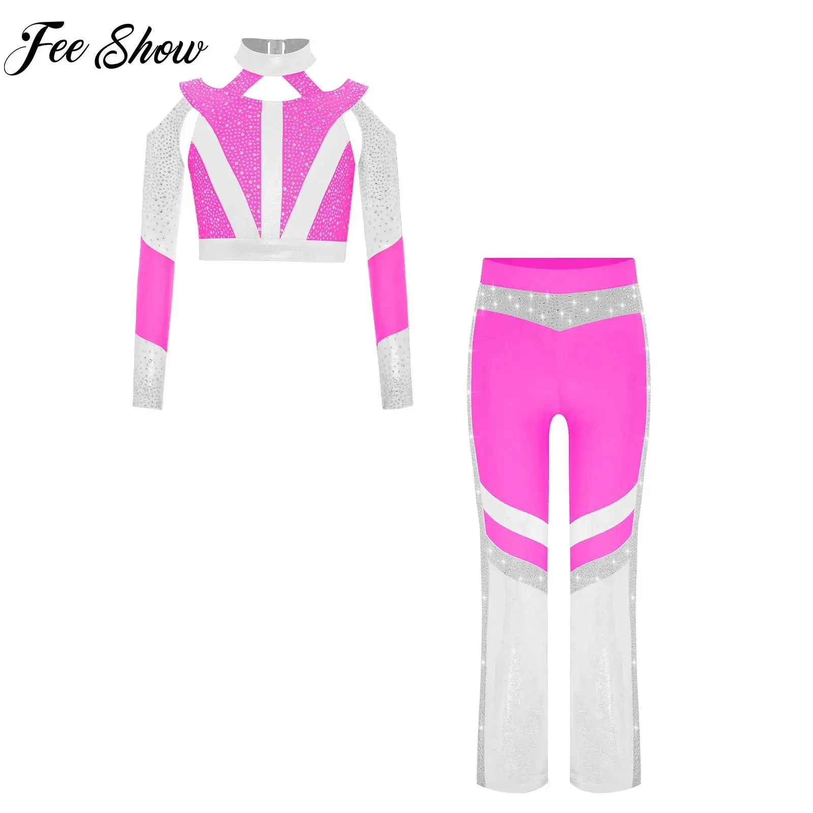 

Kids Girl Acrobatics Rhythmic Gymnastics Figure Skating Dance Outfit Long Sleeve Crop Top Flared Pants Set for Performance Party