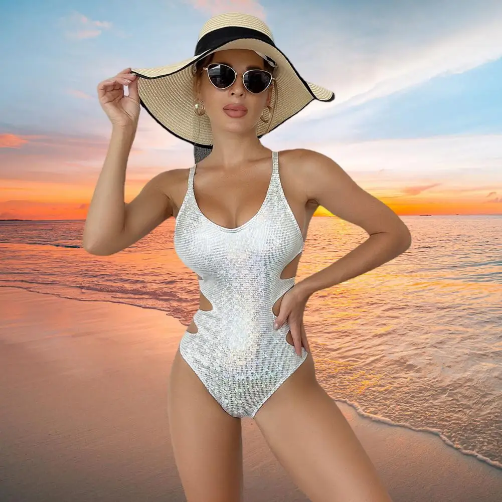 

Shiny Women Swimsuit Side Hollow-out Bikini Padded Tummy Control Bathing Suit One-piece Swimwear Beach Swimming Suit Biquini