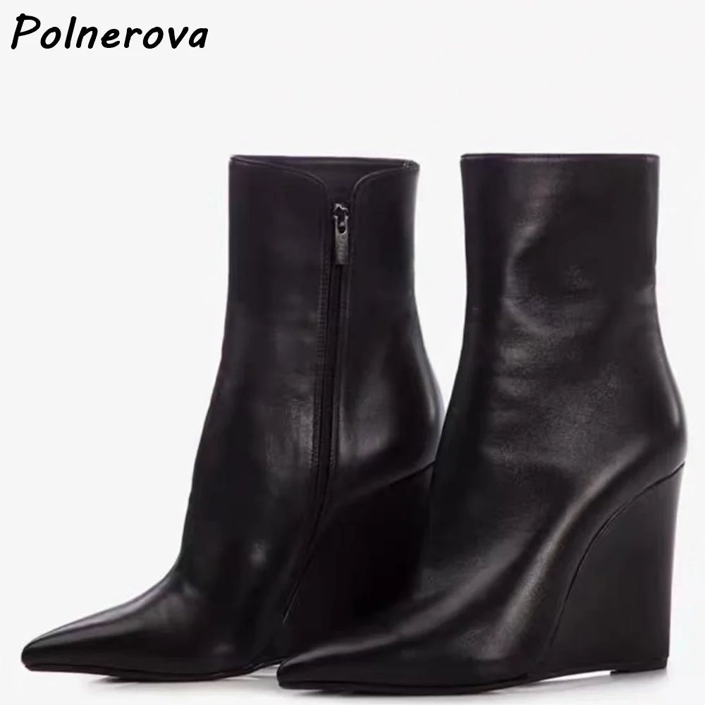 

Solid Wedges Ankle Boots Red Black White All Match Pointy Toe Side Zipper Leather Shoes Women's Elegant Concise Leisure Boots