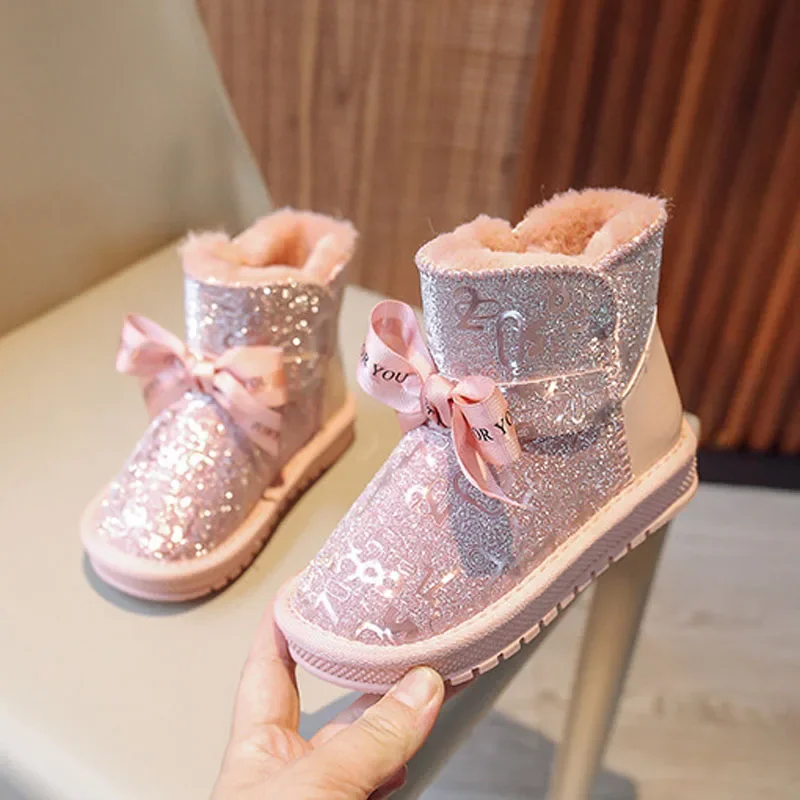 Grils Snow Boots  2022 Winter Kids Fashion Brand Princess Ankle Warm Fur Shoes Toddler Cute Bowtie Glitter Water proof Platform