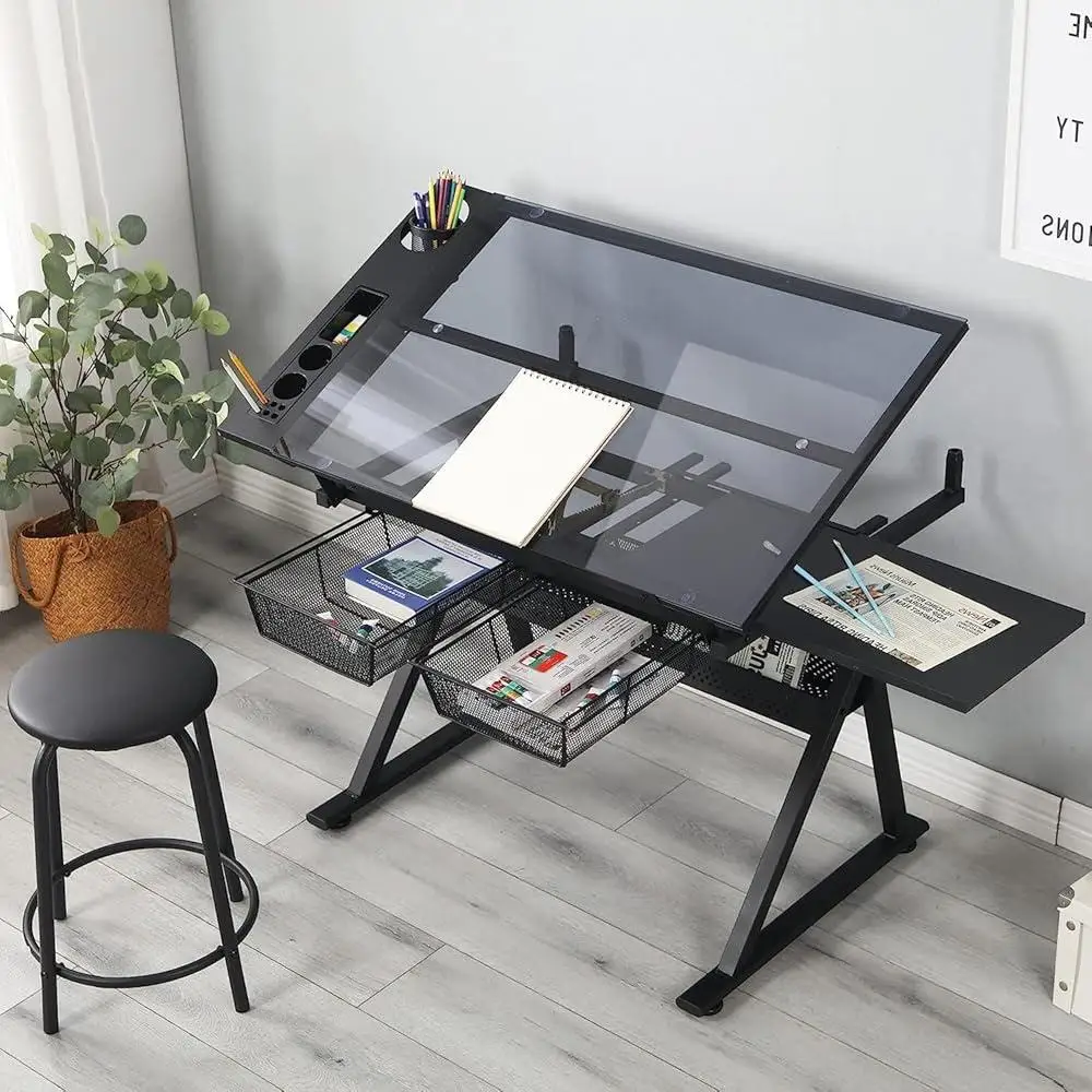 Adjustable Drafting Table Tempered Glass Desk with Storage Trenches Height Adjustable Drawing Crafting Desk Home Office Studio