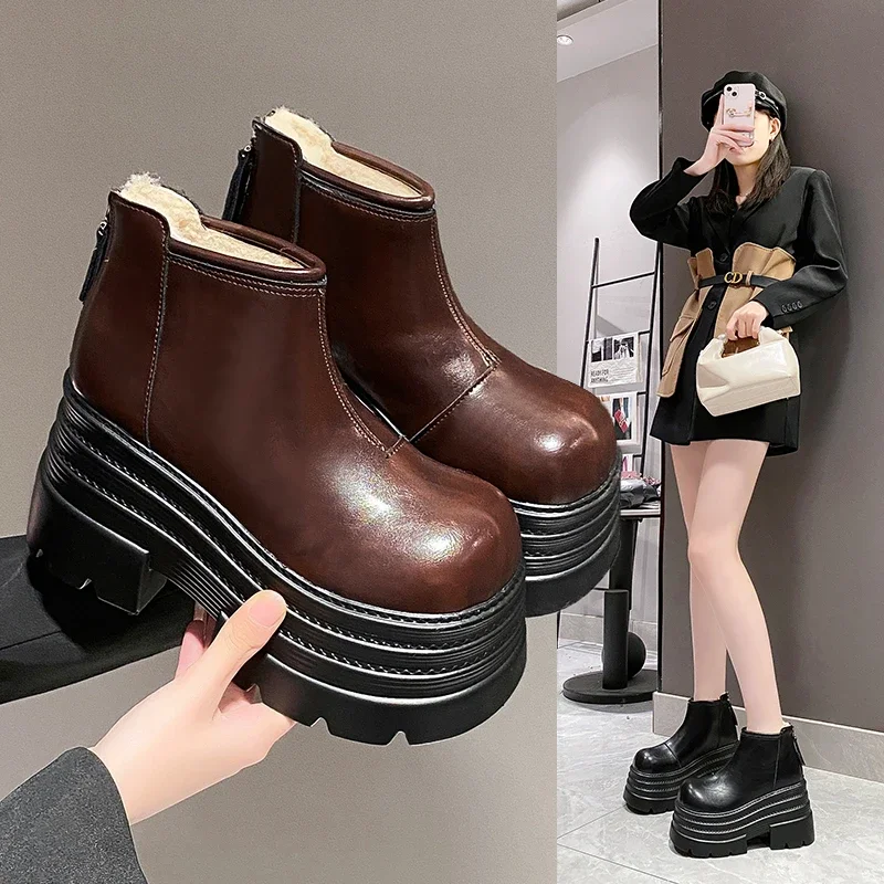 

10CM High Platform Boots for Womens Fashion Designer High Top Women's Ankle Boots Winter Plush Warm Wedge Snow Boots Botas Mujer
