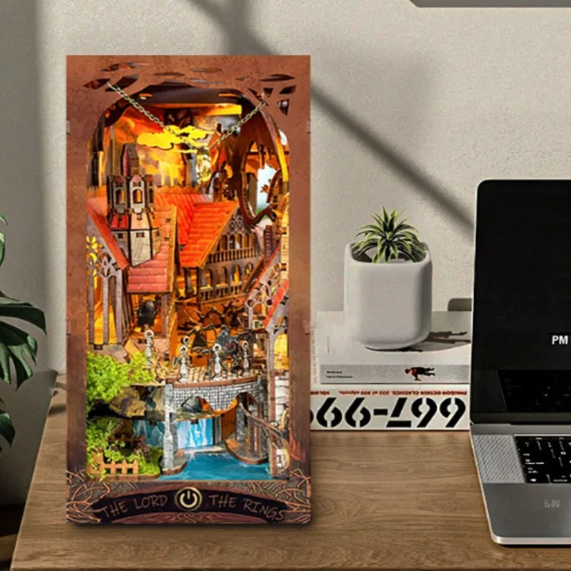 Nook per libri fai-da-te Kit modello in miniatura in legno Spirit Valley Anello magico Fermalibri Puzzle 3D Decorazione per libreria Regalo creativo per gli amanti dei libri