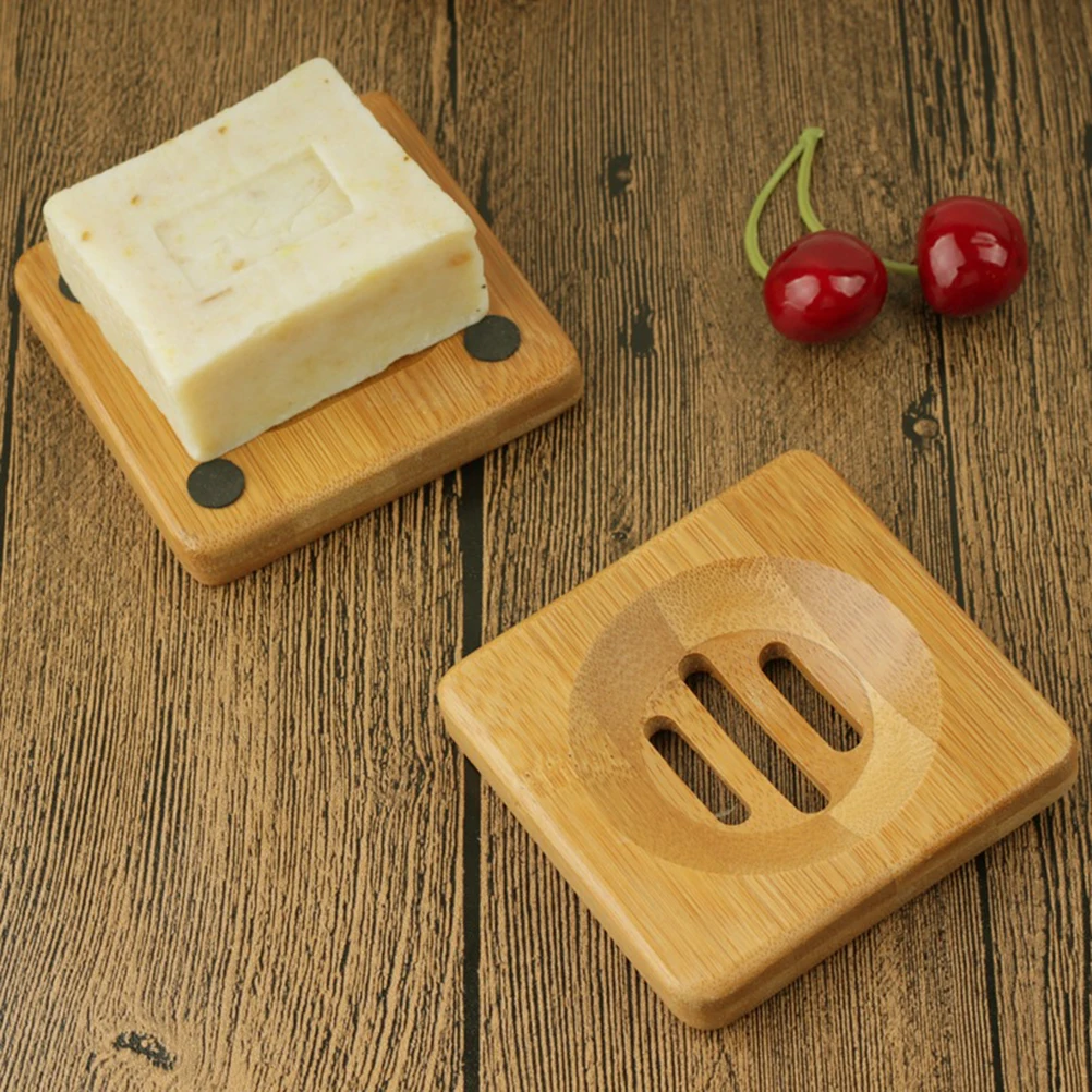 

Bamboo Soap Dish Draining Round Bathroom Square Shaped Drainer Holder Minimalist
