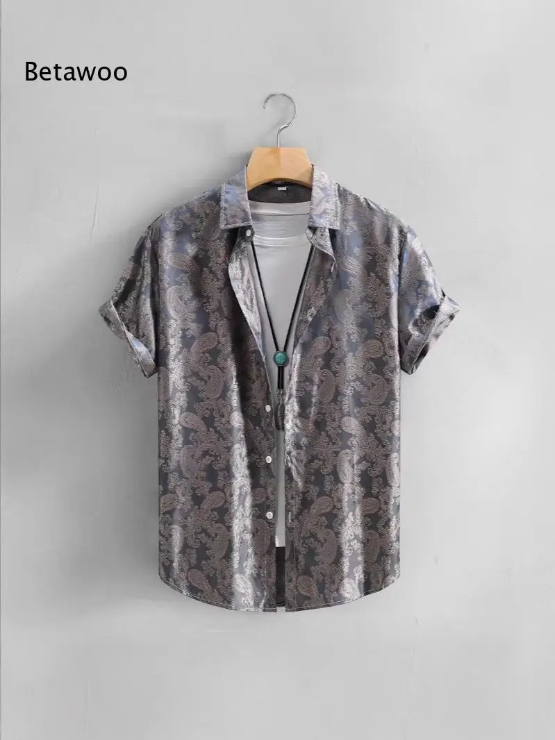 Men Elegant Paisley Printed Short Sleeve Shirt Point Collar Silky Surface Loose Top For Hot Season Party And Gathering Events