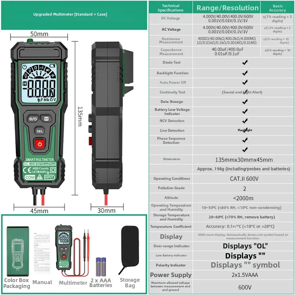 BL-82A Digital Multimeter with Automatic Range Selection Resistance Capacitance Diode Test NCV and Phase Detection Features