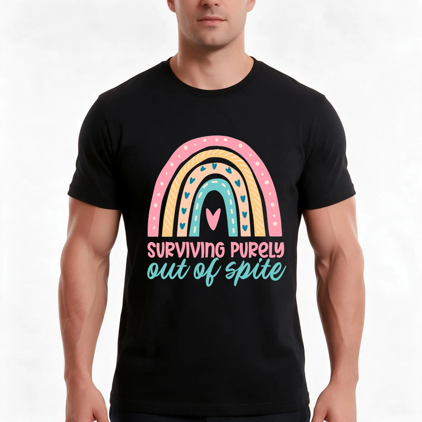 Surviving Purely Out Of Spite Funny Rainbow Sarcastic T-Shirt Summer Casual Cotton Tee Oversized Streetwear Tops 100% Cotton