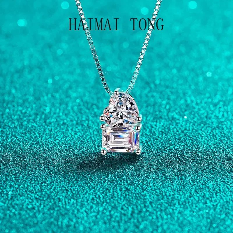 

HAIMAITONG Female square cutting clavicle chain box moissanite pt950 platinum heart pendant item