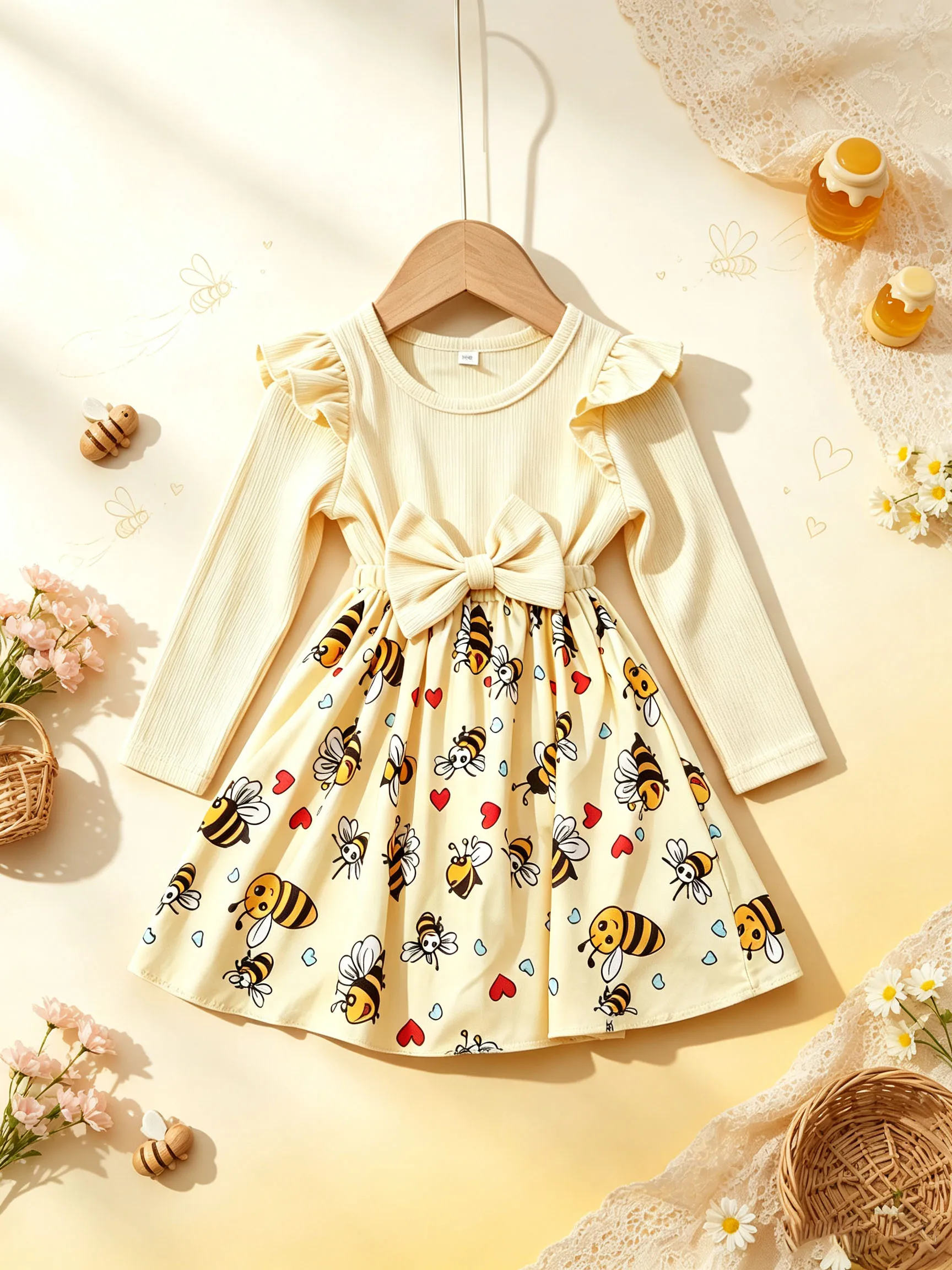 Baby Girl Cute Bee Print Princess Dress Ruffle Long Sleeve Bow Decor Kids Casual Dressc