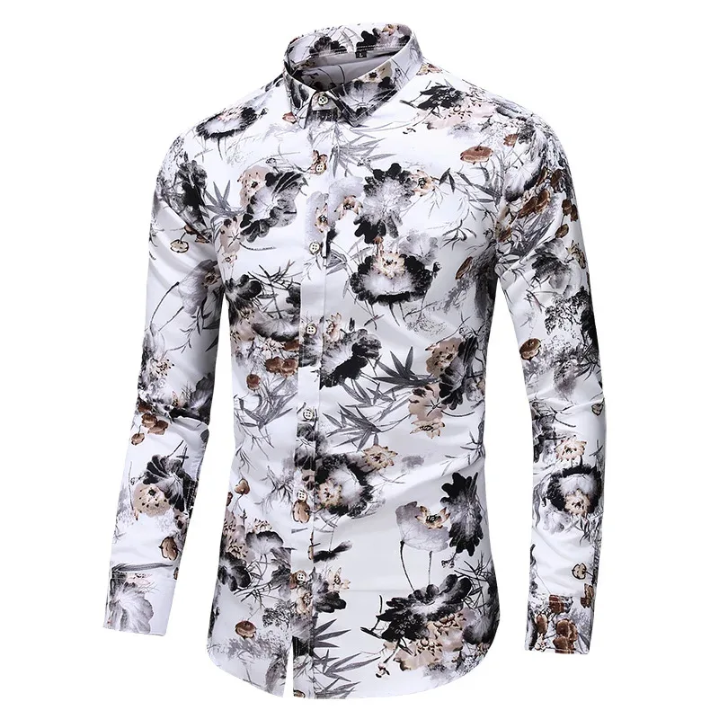 

Multiple Colors Men Slim Flower Printed Casual Shirt Autumn Male Holiday Party Long Sleeve Dress Shirts Camisa Masculina 5XL